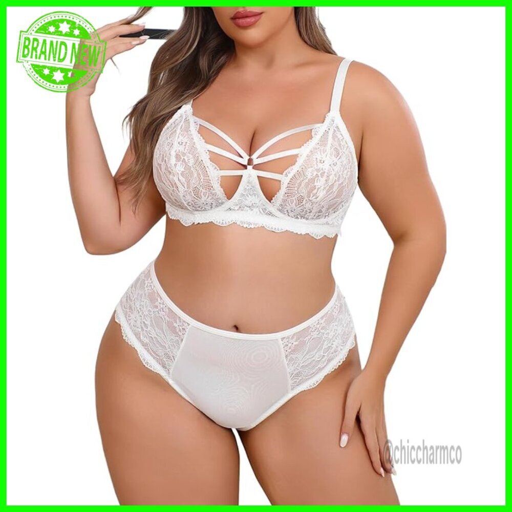 Plus Size Lace Lingerie Set 2 Piece Bra Panty High Waist